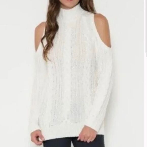 Solemio Cold-Shoulder Cream Colored Mock Neck Sweater - Picture 1 of 5